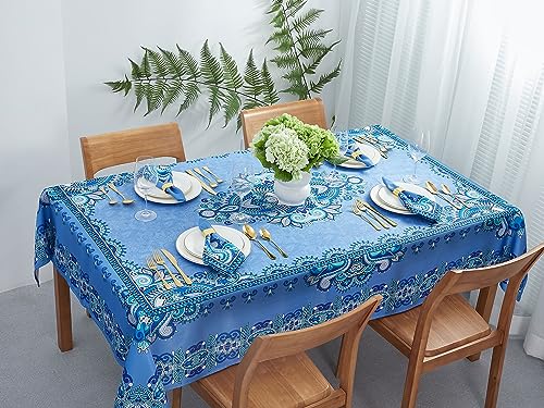 YiHomer Mykonos Blue Paisley Tile Bordered Tabletop for Spring Summer Decorations, Picnics and Dinner Parties – Indoor Outdoor, Stain and Water Resistant, Tablecloth, 60 x 84 Rectangle - Image 2